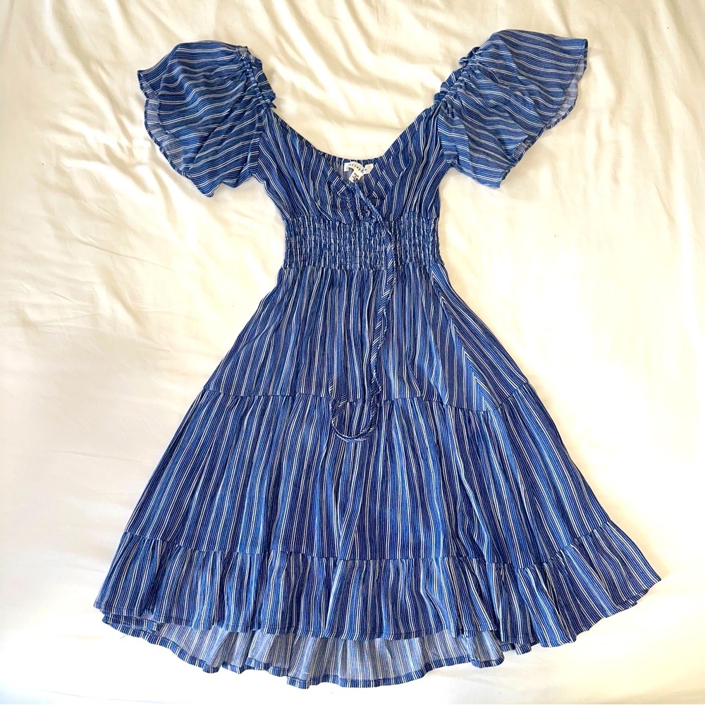 Blue Striped Dress with Ruffled Sleeves
